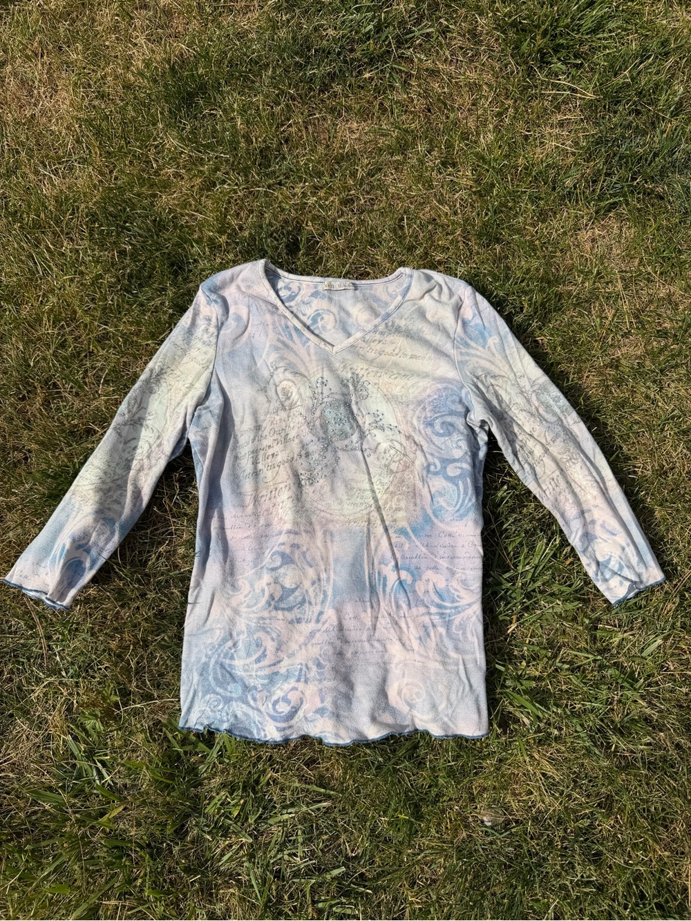 y2k Light Blue Print V-Neck Top size small
